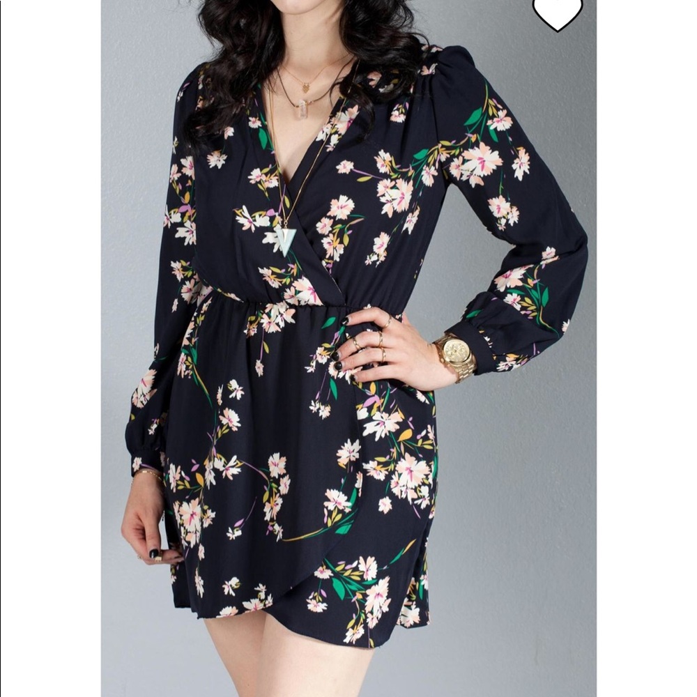 Honey Punch Floral Print Faux Wrap Dress Navy XS